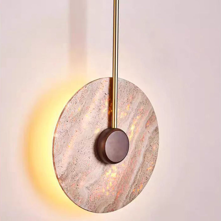 Traditional Japanese Geometric Circle Yellow Travertine Iron LED Wall Sconce Lamp For Bedroom