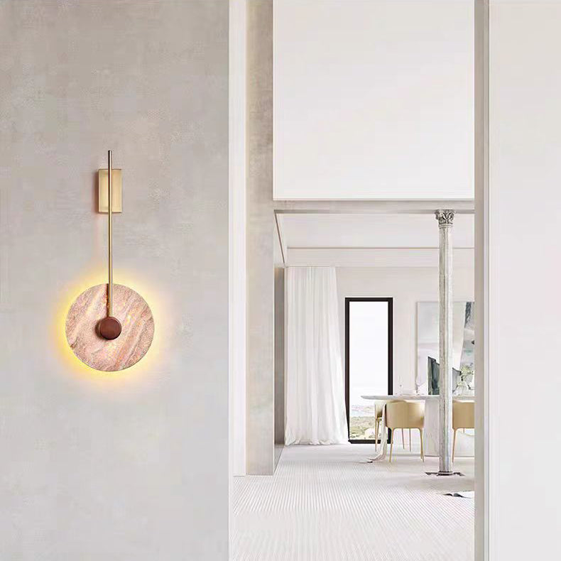 Traditional Japanese Geometric Circle Yellow Travertine Iron LED Wall Sconce Lamp For Bedroom