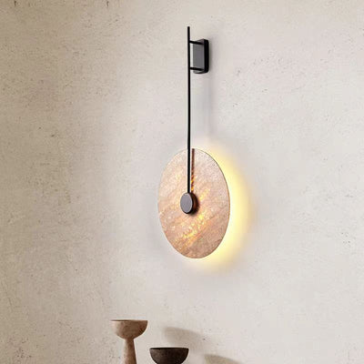 Traditional Japanese Geometric Circle Yellow Travertine Iron LED Wall Sconce Lamp For Bedroom