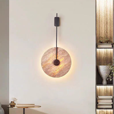 Traditional Japanese Geometric Circle Yellow Travertine Iron LED Wall Sconce Lamp For Bedroom