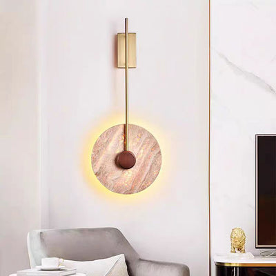 Traditional Japanese Geometric Circle Yellow Travertine Iron LED Wall Sconce Lamp For Bedroom