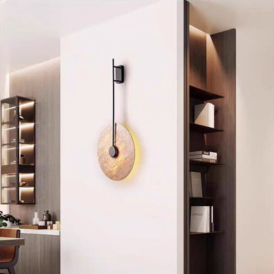 Traditional Japanese Geometric Circle Yellow Travertine Iron LED Wall Sconce Lamp For Bedroom