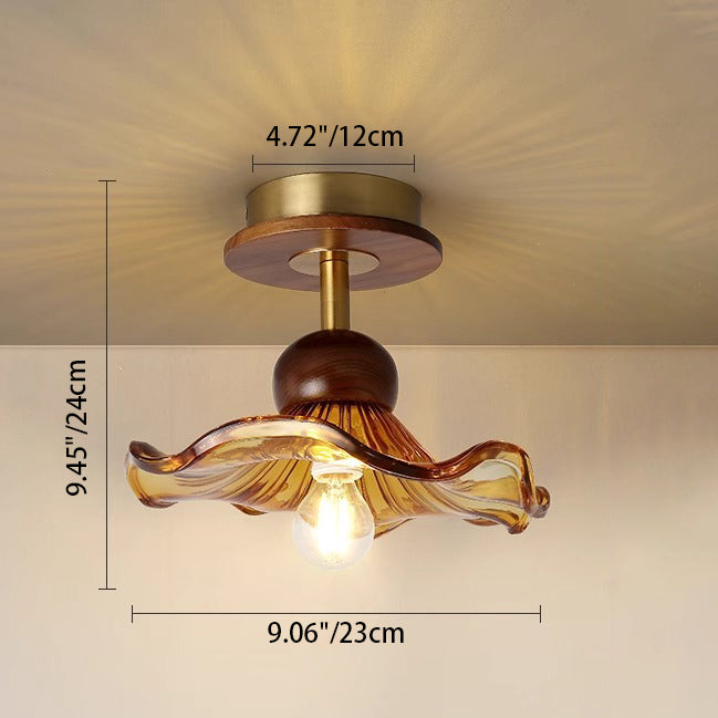 Traditional Japanese Flower Glass Shade Solid Wood 1-Light Semi-Flush Mount Ceiling Light For Living Room