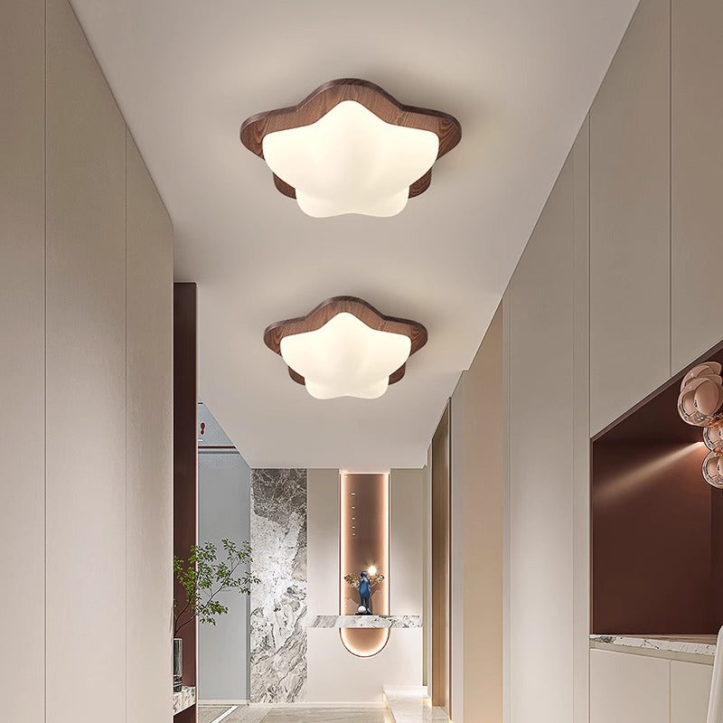 Contemporary Nordic Rubber Wood PE Star Bubble Shade LED Flush Mount Ceiling Light For Bedroom