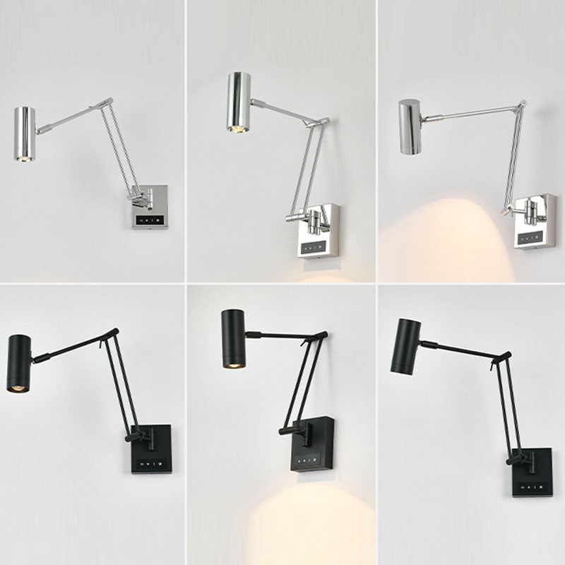 Zeitgenössische Einfachheit Zylinder Eisen Aluminium Verstellbarer Arm LED Wandleuchte für Wohnzimmer 