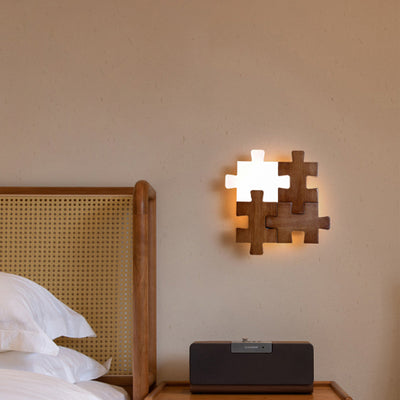 Traditional Japanese Solid Wood Acrylic Block Puzzle LED Wall Sconce Lamp For Living Room