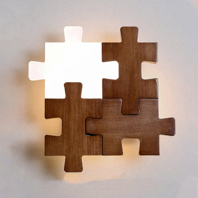 Traditional Japanese Solid Wood Acrylic Block Puzzle LED Wall Sconce Lamp For Living Room