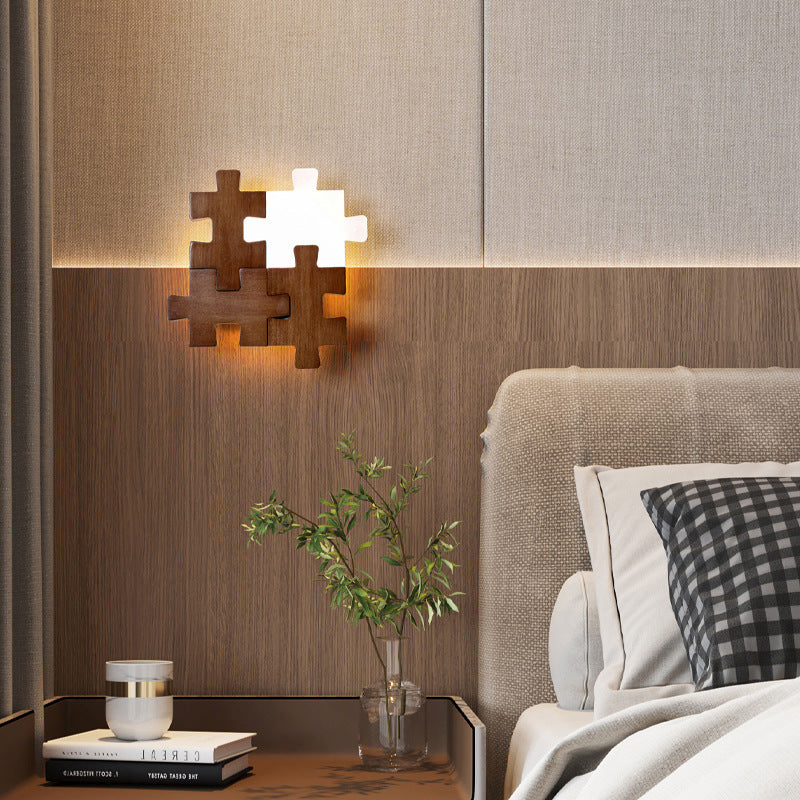 Traditional Japanese Solid Wood Acrylic Block Puzzle LED Wall Sconce Lamp For Living Room