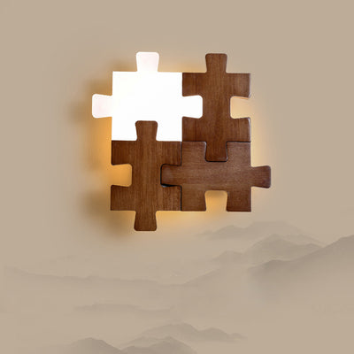 Traditional Japanese Solid Wood Acrylic Block Puzzle LED Wall Sconce Lamp For Living Room