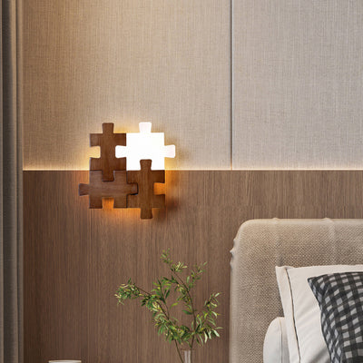 Traditional Japanese Solid Wood Acrylic Block Puzzle LED Wall Sconce Lamp For Living Room