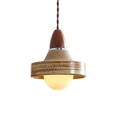 Traditional Japanese Wood Ceramic Round 1-Light Pendant Light For Living Room