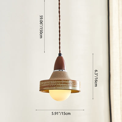 Traditional Japanese Wood Ceramic Round 1-Light Pendant Light For Living Room