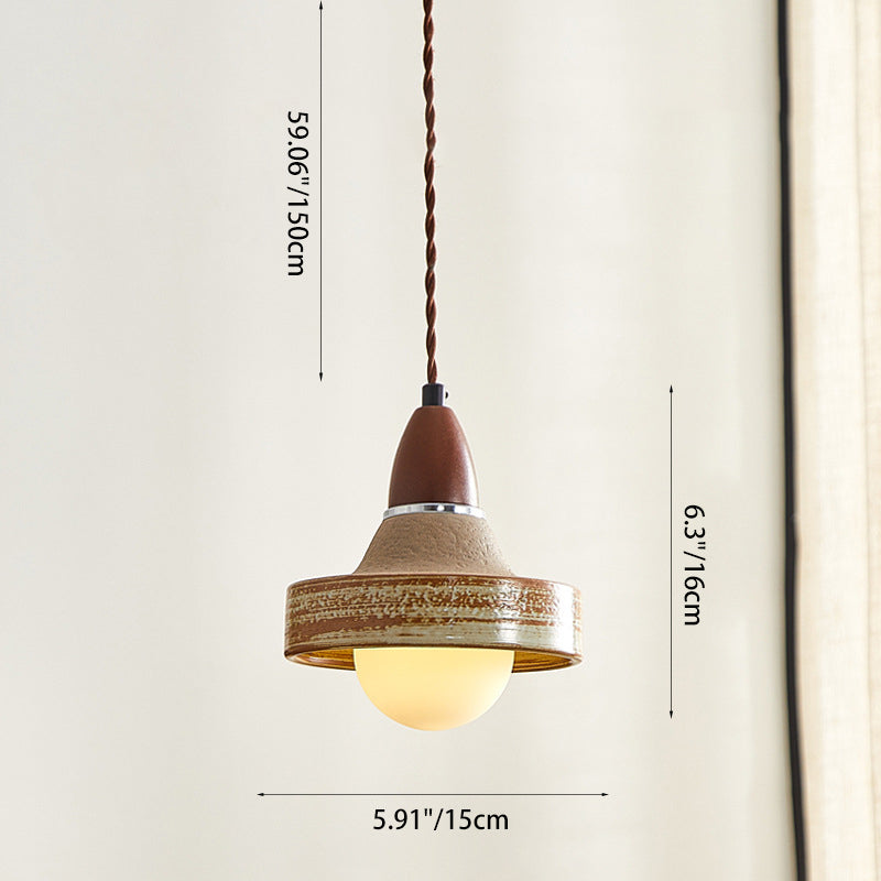 Traditional Japanese Wood Ceramic Round 1-Light Pendant Light For Living Room