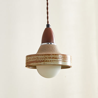 Traditional Japanese Wood Ceramic Round 1-Light Pendant Light For Living Room