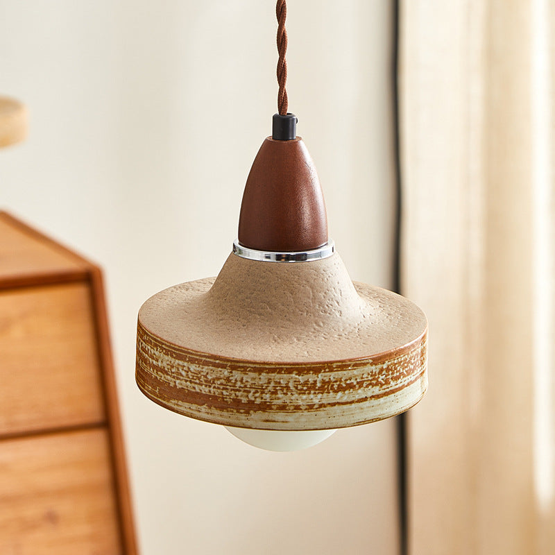 Traditional Japanese Wood Ceramic Round 1-Light Pendant Light For Living Room