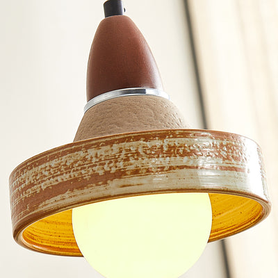 Traditional Japanese Wood Ceramic Round 1-Light Pendant Light For Living Room