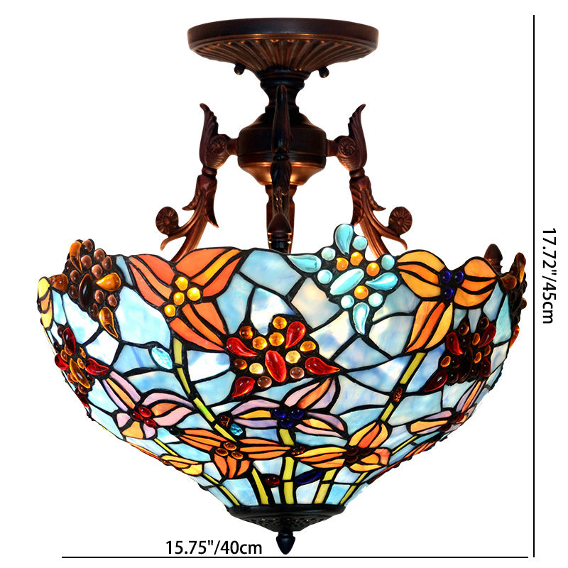 Traditional Tiffany Round Iron Stained Glass 3-Light Semi-Flush Mount Ceiling Light For Bedroom