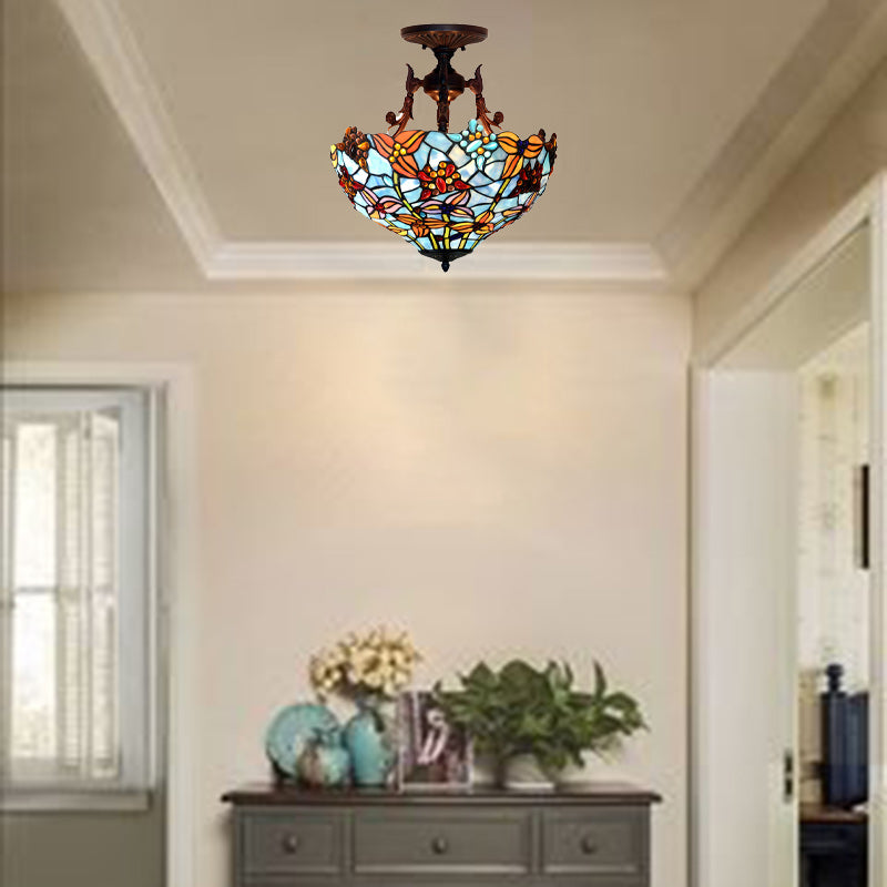 Traditional Tiffany Round Iron Stained Glass 3-Light Semi-Flush Mount Ceiling Light For Bedroom