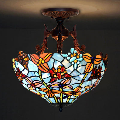 Traditional Tiffany Round Iron Stained Glass 3-Light Semi-Flush Mount Ceiling Light For Bedroom