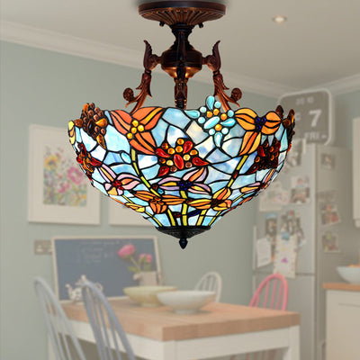 Traditional Tiffany Round Iron Stained Glass 3-Light Semi-Flush Mount Ceiling Light For Bedroom