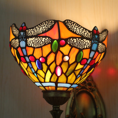 Traditional Tiffany Semi-Circle Iron Stained Glass 1-Light Wall Sconce Lamp For Bedroom