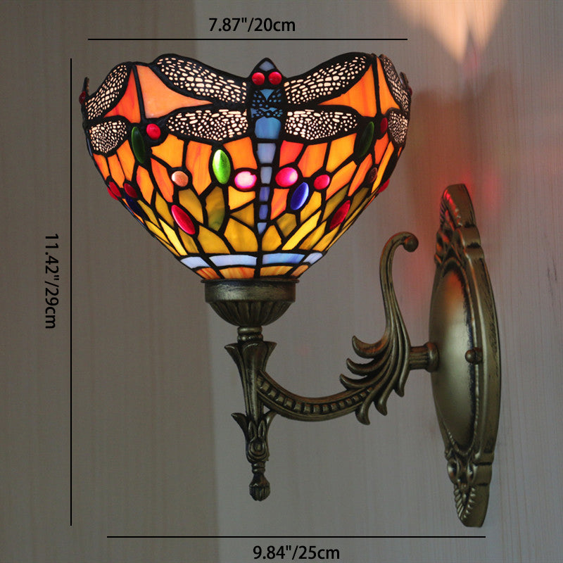 Traditional Tiffany Semi-Circle Iron Stained Glass 1-Light Wall Sconce Lamp For Bedroom