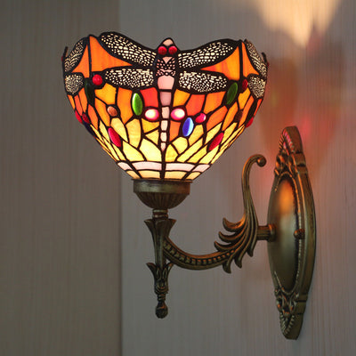 Traditional Tiffany Semi-Circle Iron Stained Glass 1-Light Wall Sconce Lamp For Bedroom