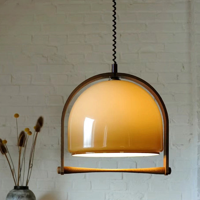 Modern Mid-Century Round Wood Glass 1-Light Pendant Light For Bedroom