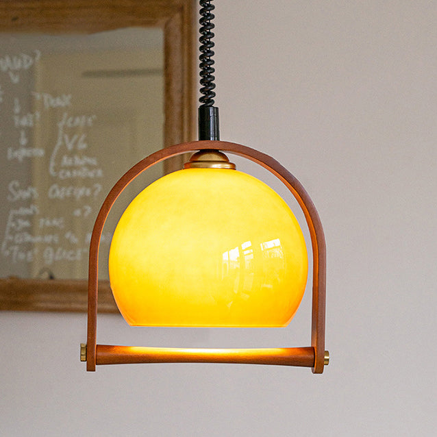 Modern Mid-Century Round Wood Glass 1-Light Pendant Light For Bedroom