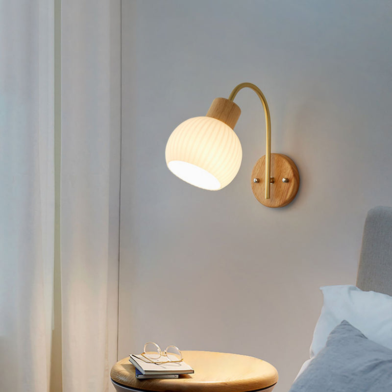 Contemporary Scandinavian Cream Round Oval Rubberwood Iron Rotational Molding Glass 1-Light Wall Sconce Lamp For Bedroom