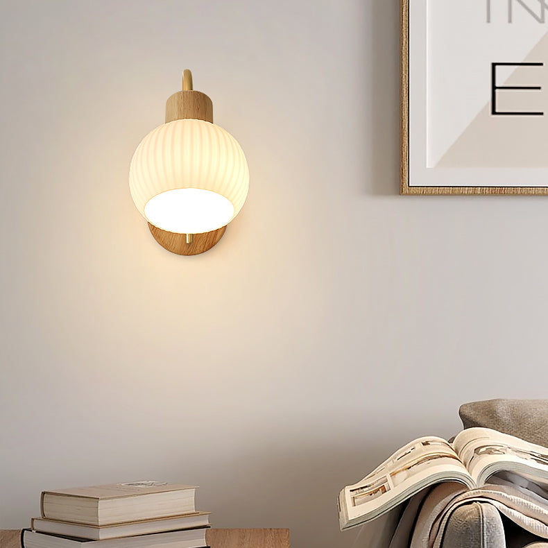 Contemporary Scandinavian Cream Round Oval Rubberwood Iron Rotational Molding Glass 1-Light Wall Sconce Lamp For Bedroom