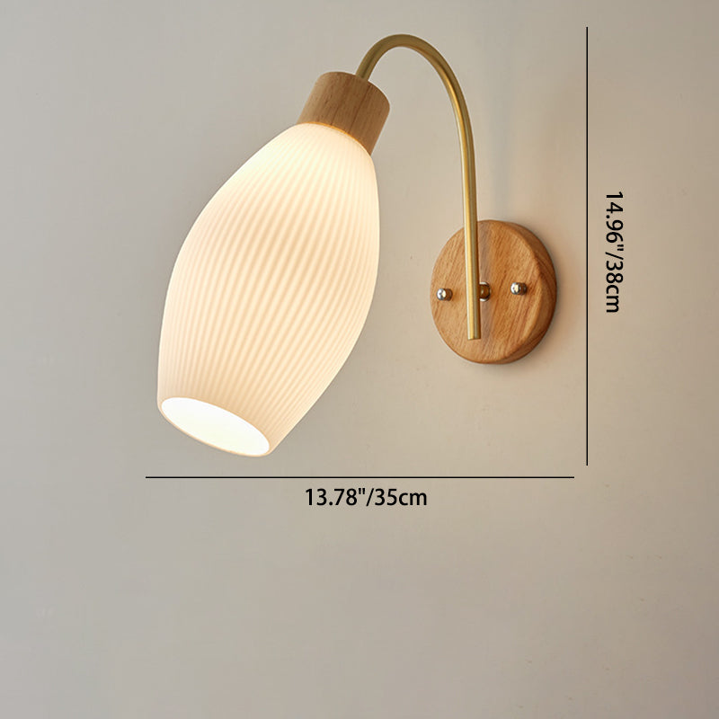 Contemporary Scandinavian Cream Round Oval Rubberwood Iron Rotational Molding Glass 1-Light Wall Sconce Lamp For Bedroom