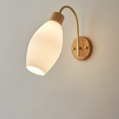 Contemporary Scandinavian Cream Round Oval Rubberwood Iron Rotational Molding Glass 1-Light Wall Sconce Lamp For Bedroom