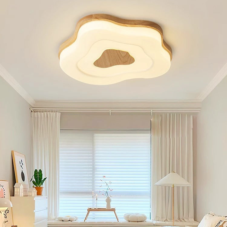 Modern Minimalist Cloud Dome Shape Rubberwood Acrylic LED Flush Mount Ceiling Light For Bedroom