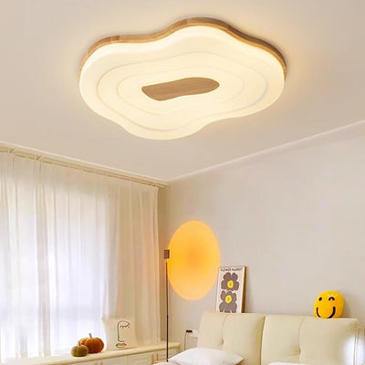 Modern Minimalist Cloud Dome Shape Rubberwood Acrylic LED Flush Mount Ceiling Light For Bedroom