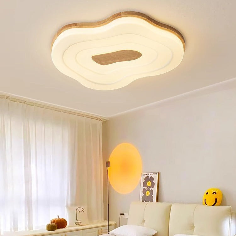 Modern Minimalist Cloud Dome Shape Rubberwood Acrylic LED Flush Mount Ceiling Light For Bedroom