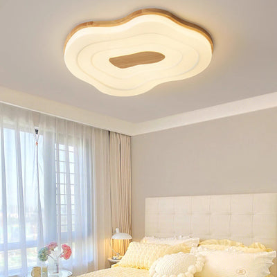 Modern Minimalist Cloud Dome Shape Rubberwood Acrylic LED Flush Mount Ceiling Light For Bedroom