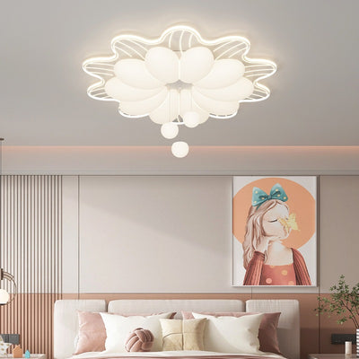 Modern Minimalist Cream Flower Round Dome Iron Rotational Molding LED Flush Mount Ceiling Light For Bedroom