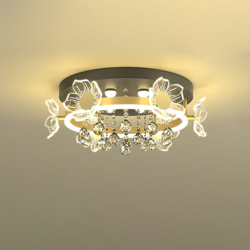 Modern Luxury Flower Butterfly Round Dome Crystal Metal Acrylic LED Flush Mount Ceiling Light For Bedroom