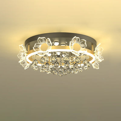 Modern Luxury Flower Butterfly Round Dome Crystal Metal Acrylic LED Flush Mount Ceiling Light For Bedroom