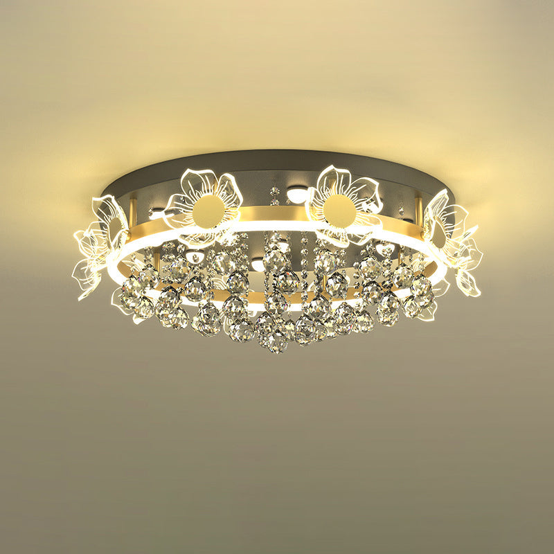 Modern Luxury Flower Butterfly Round Dome Crystal Metal Acrylic LED Flush Mount Ceiling Light For Bedroom