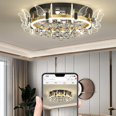 Modern Luxury Flower Butterfly Round Dome Crystal Metal Acrylic LED Flush Mount Ceiling Light For Bedroom