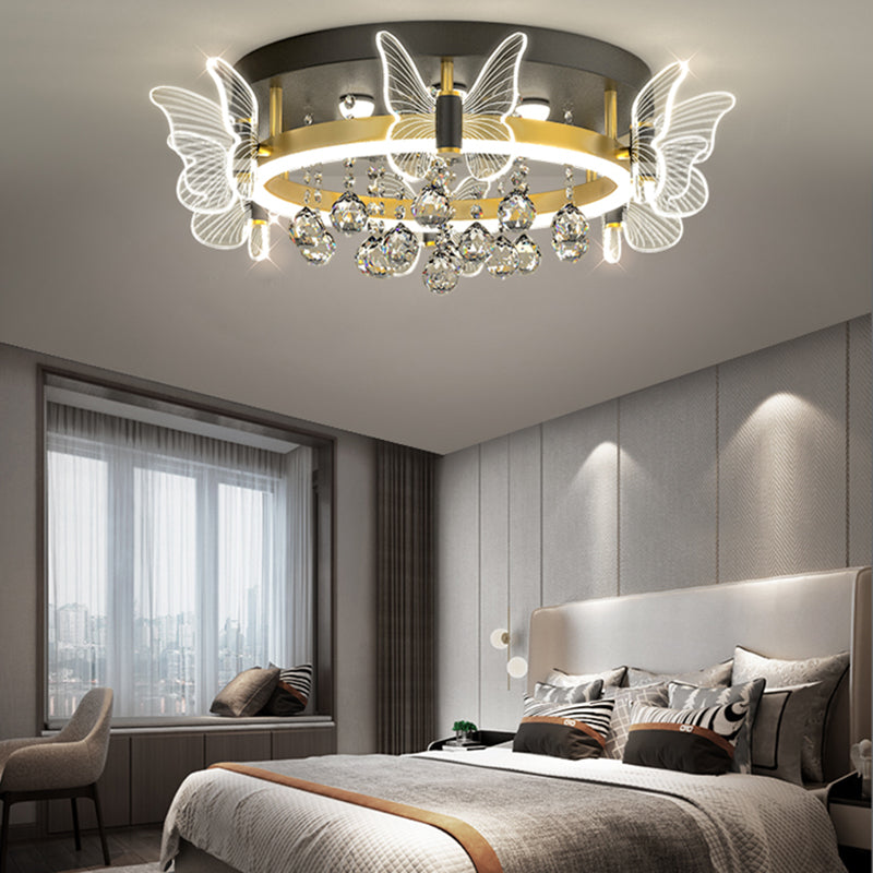 Modern Luxury Flower Butterfly Round Dome Crystal Metal Acrylic LED Flush Mount Ceiling Light For Bedroom