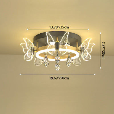 Modern Luxury Flower Butterfly Round Dome Crystal Metal Acrylic LED Flush Mount Ceiling Light For Bedroom