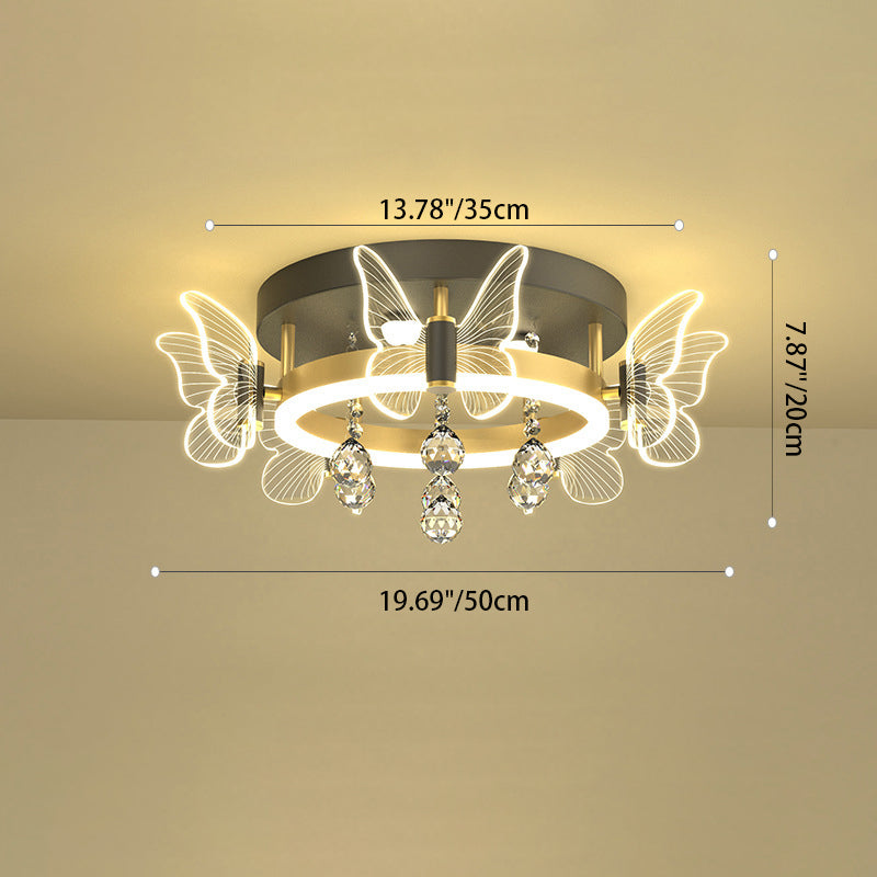 Modern Luxury Flower Butterfly Round Dome Crystal Metal Acrylic LED Flush Mount Ceiling Light For Bedroom