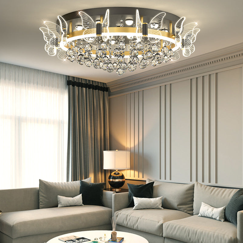 Modern Luxury Flower Butterfly Round Dome Crystal Metal Acrylic LED Flush Mount Ceiling Light For Bedroom