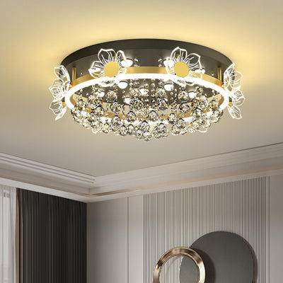 Modern Luxury Flower Butterfly Round Dome Crystal Metal Acrylic LED Flush Mount Ceiling Light For Bedroom