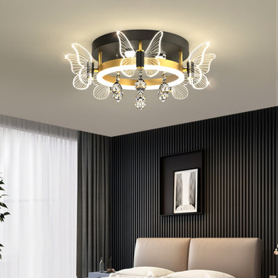 Modern Luxury Flower Butterfly Round Dome Crystal Metal Acrylic LED Flush Mount Ceiling Light For Bedroom