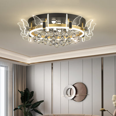 Modern Luxury Flower Butterfly Round Dome Crystal Metal Acrylic LED Flush Mount Ceiling Light For Bedroom