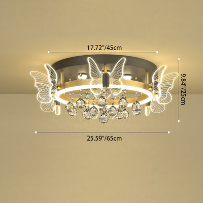 Modern Luxury Flower Butterfly Round Dome Crystal Metal Acrylic LED Flush Mount Ceiling Light For Bedroom